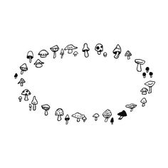 a black and white drawing of many different types of mushrooms in the shape of a circle