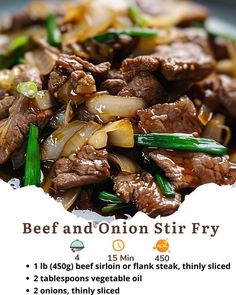 beef and onion stir fry on a plate with green onions