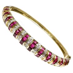 14 Karat Ruby Diamond Gold Bangle Bracelet | From a unique collection of vintage Bangles at https://www.1stdibs.com/jewelry/bracelets/bangles/. Shiny Bracelets, Ruby Bangles, Sparkly Bracelets, Wire Bangle Bracelets, Ruby Bracelet, The Bangles, Pinkish Red, Bracelet Love, Vintage Bangles