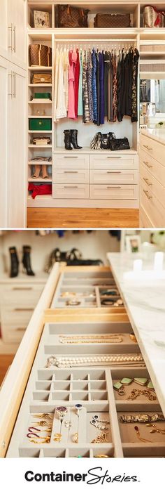 an organized walk in closet with drawers and shoes on the bottom, and another view of shoe storage