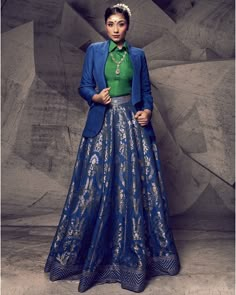 The Anant Rangrez Blazer Lehenga | Blue & Green Lehenga Set | Archana Kochhar – B Anu Designs Luxury Tiered Skirt Dress With Zari Work, Luxury Traditional Skirt With Zari Work, Virat Kohli Reception Dress, Elegant Green Long Skirt Sets, Elegant Green Lehenga For Transitional Season, Blue Formal Gown With Dupatta, Formal Blue Gown With Dupatta, Elegant Blue Saree Set, Elegant Royal Blue Lehenga For Reception