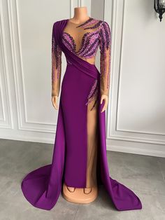 Long Sleeve Evening Dresses 2024 Luxury Real Sample Pearls Dubai Women Purple Satin Sheer Formal Evening Dresses 2022, Dubai Women, Dresses 2022, Long Sleeve Evening Dresses, Evening Dress Fashion, Purple Satin, Gowns Online, Evening Gowns Formal, Formal Evening Dresses