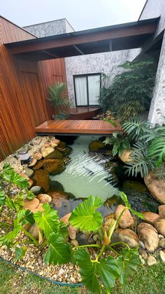 a small pond in the middle of a garden with rocks and plants around it, next to a house