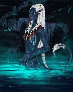 a woman with long white hair sitting in the water next to a dragon and another creature