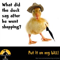 a duck wearing a straw hat and holding an umbrella with the words, what did the duck say after he went shopping?