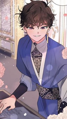 an anime character is standing in front of a table with flowers and roses on it