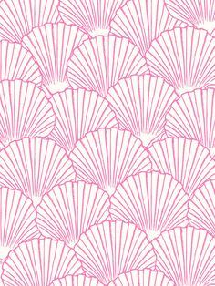 a pink and white wallpaper with fan shapes