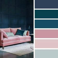 a living room with blue, pink and grey colors on the walls is shown in this color scheme