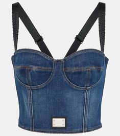 Denim bustier in blue - Dolce Gabbana | Mytheresa Fitted Cotton Crop Top With Built-in Bra, Cropped Top With Built-in Bra And Fitted Bodice, Fitted Cropped Crop Top With Built-in Bra, Fitted Tube Top With Built-in Bra And Tank Straps, Fitted Bandeau Elastane Crop Top, Chic Underbust Top With Adjustable Straps, Chic Fitted Tank Top With Removable Bra Pads, Elegant Fitted Cotton Crop Top, Fitted Bandeau Corset With Straps