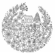 a black and white drawing of flowers in a circle with houses on the other side