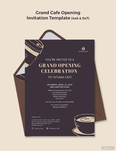 the grand opening celebration card is shown in black and gold, with a cup of coffee on