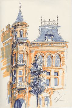 a drawing of an old building with a clock tower