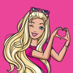 a cartoon girl with long blonde hair and sunglasses making a heart shape in front of her face