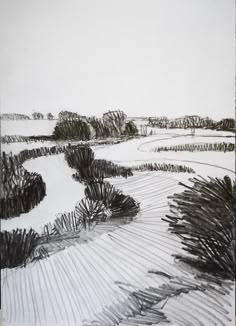 a pencil drawing of a snowy landscape