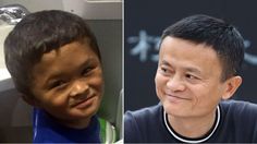 two pictures one with a young boy and the other with an older man smiling at the camera