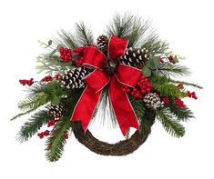 a christmas wreath with pine cones and red ribbon