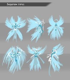 six different types of blue and white angel wings, each with an individual's silhouette