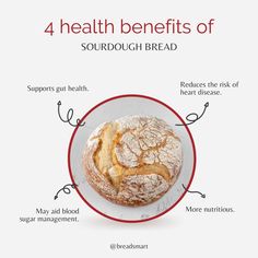 the four health benefits of sourdough bread on a white plate with red border