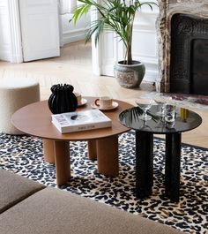 a living room filled with furniture and a fire place next to a plant on top of a table