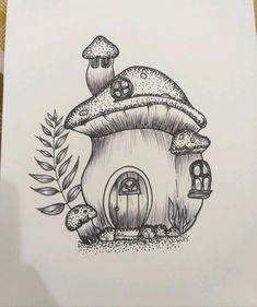 a drawing of a house with mushrooms on it