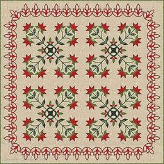 a quilt with red and green flowers on it