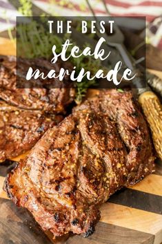 steak marinade on a cutting board with text overlay