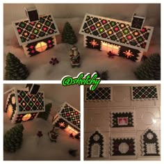 three different pictures of a house made out of legos and lit up with christmas lights