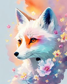 a close up of a painting of a fox with flowers