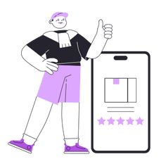 a man standing next to a phone with five stars on it and giving the thumbs up