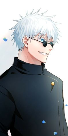 an anime character with white hair and black clothes, wearing sunglasses on his head is smiling at the camera