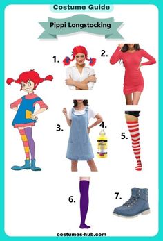 the costume guide for pippi's longstocking includes costumes, boots and socks