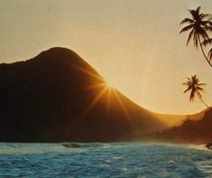 the sun shines brightly over an ocean with palm trees and mountains in the background