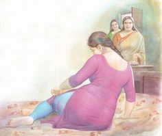 a woman in a pink dress sitting on a bed next to two women looking at herself in the mirror