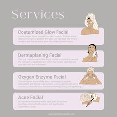 Different Types Of Professional Facials, Skin Care Business Ideas, Esthetician Facial Price List, Basic Facial Steps Esthetician, Facial Service Menu Ideas, Facial Names Ideas, Esthetician Services List