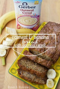 a loaf of bread sitting on top of a yellow plate next to bananas and yogurt