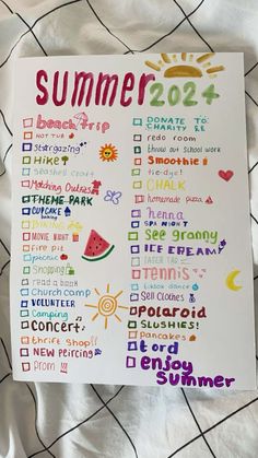 a poster with the words summer written in different languages on it, along with pictures of watermelon and other things