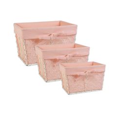 three pink storage baskets with bows on the top and bottom, set of 3 boxes