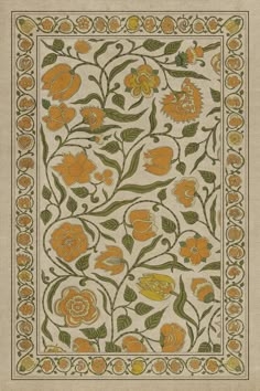 an orange and green floral design on white paper with gold trimmings, surrounded by leaves and flowers