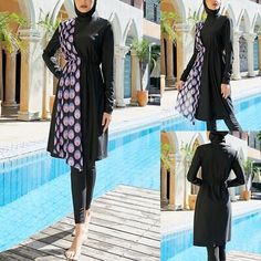 Trendy Fashion Patchwork Full Cover Beach Costumes Black Muslim Swimwear Women Print 3Piece Set, Women's Swimwear Black Beachwear Sets For The Beach, Black Beachwear Sets For Beach, Black Stretch Beachwear Sets, Fitted Black Sets For Beach Season, Black Swimwear Sets For Beach Season, Black Beachwear Sets For Poolside, Fitted Black Beachwear Sets, Fitted Black Beach Set, Black Swimming Sets For Beach Season