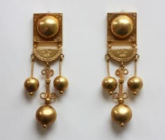 Gold Neo Etruscan Dangling Earrings image 2 Antique Gold Earrings, Pearl Dangle Earrings, Gold Jewellery Design Necklaces, Jewelry Design Earrings, Ancient Jewelry, Fancy Jewellery, Gold Earrings Designs