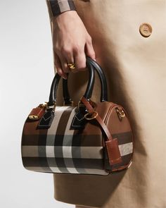 Burberry Check E-Canvas Bowling Top-Handle Bag | Neiman Marcus Fashion Mark, Purse Essentials, Patchwork Bags, Burberry Handbags, Pretty Bags