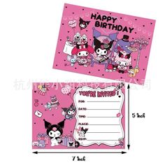 a pink birthday card with cartoon characters on it and the words happy birthday written in black