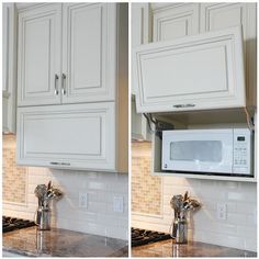 two pictures of a kitchen with white cabinets and granite counter tops, one has a microwave above the sink