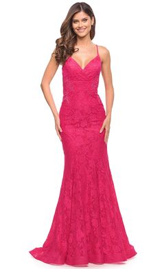 La Femme 30690 - Sleeveless Lace Up Mermaid Dress Special Occasion Dress 00 / Hot Pink Stretch Lace Dress, Dramatic Entrance, Empire Silhouette, Floral Lace Shorts, Embroidered Lace Dress, Prom Designs, Empire Waistline, Full Length Dress, Mermaid Skirt