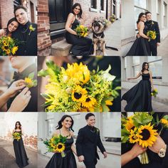 a collage of photos showing the bride and groom with sunflowers in their hands