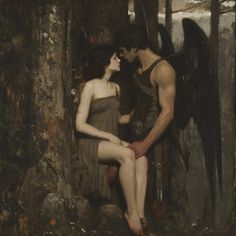 an image of a man and woman in the woods with wings on their backs, kissing