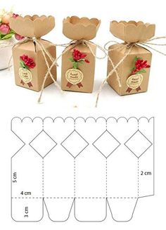 three boxes with flowers tied to them next to each other and the measurements for each box