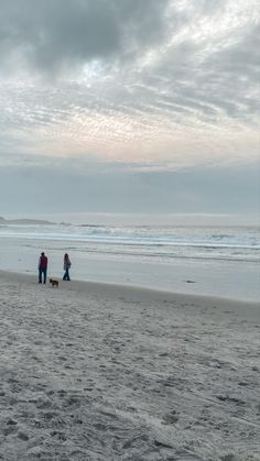 two people walking on the beach with a dog in front of them and an overcast sky