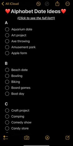 the alphabet date ideas list is displayed on an iphone screen, and it's black background