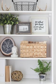 a white book shelf filled with lots of plants and other things on top of it